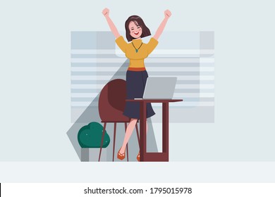 Businesswoman working successful character flat design. Workspace concept background.