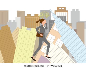 A businesswoman is working using a mobile phone in an office area.