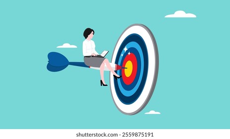 businesswoman working while sitting on a dart stuck in a target board. work on business objective. motivation to achieve goal. focus on business, business objective and strategy concept