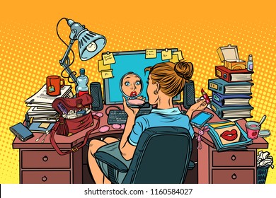 Businesswoman in the workplace paints her lips. Pop art retro vector illustration vintage kitsch