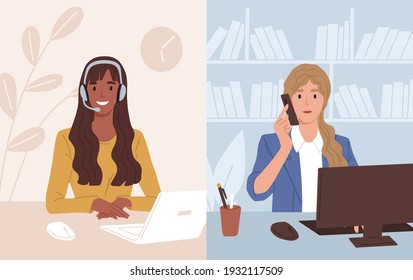 Businesswoman at workplace talking to assistant of call center. Operator of customer support service consulting client online. Colored flat vector illustration of online helpline or hotline