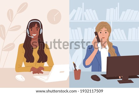 Businesswoman at workplace talking to assistant of call center. Operator of customer support service consulting client online. Colored flat vector illustration of online helpline or hotline