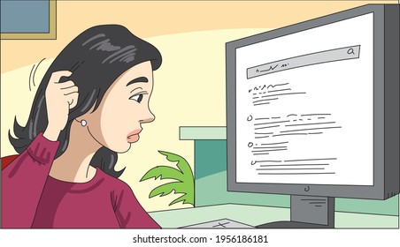 La empresaria trabaja en la computadora y piensa o resuelve el problema.