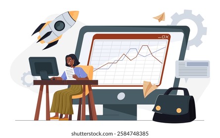 A businesswoman works at her desk analyzing stock market growth on a computer screen, with a rising graph and rocket symbolizing progress. Vector Illustration