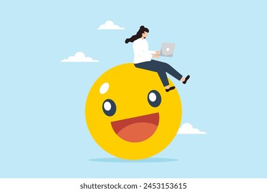 Empresaria trabaja en su portátil mientras se sienta en la cara sonriente emoji. Concepto de encontrar alegría y satisfacción en el trabajo, pasión, disfrute, relación positiva con la empresa y bienestar de los empleados