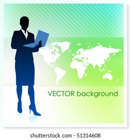 Businesswoman with World Map on Vector Background Original Illustration