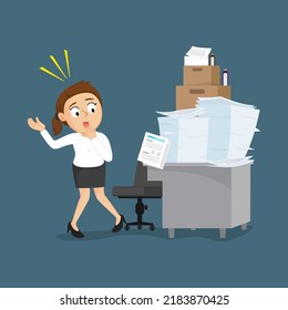 Businesswoman worry about a pile of documents of work on the table, illustrator vector cartoon drawing