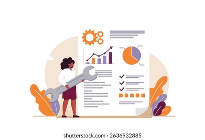 Empresária com chave inglesa ajustando infográfico painel. Ilustração vetorial plana mostrando lógica analítica, gerenciamento de dados, configurações e conceito de estratégia de negócios.