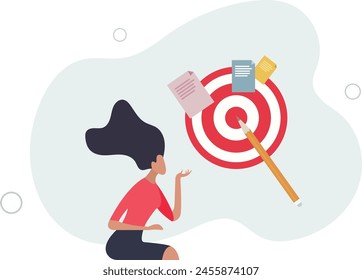 Geschäftsfrau schreiben Goal auf Noten und setzen auf große Dartboard Target.Flat Vektorillustration.