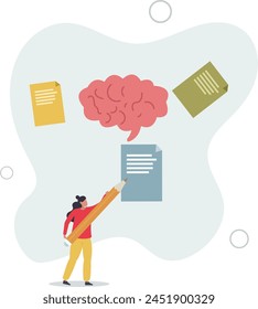 businesswoman write sticky notes on human brain.productive plan, memory or task reminder,flat vector illustration.