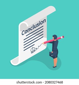 Businesswoman writes conclusion, report concept. Paperwork, sheets in folder. Holding the clipboard and pen in hand.Finally, outcome, result.Vector illustration flat design.Isolated on background. 