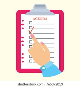 Businesswoman writes a daily routine. Schedule and planning in management and administration. Flat vector cartoon illustration. Objects isolated on a white background.