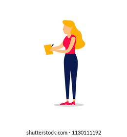 Businesswoman writes, report, character.  Flat style vector illustration.