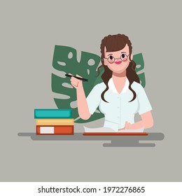 Businesswoman writing at desk with new good idea. Flat animation character.