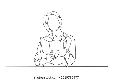 Businesswoman writing notes continuous one line drawing. Woman making notes in single line art illustration. Editable vector.  