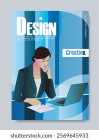 Businesswoman writing on paper with a pen, sitting in front of a laptop. Stylized modern vector design with blue abstract background. Concept of creativity. Vector illustration.