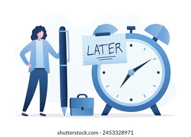 Businesswoman writing the word LATER on paper note attached to giant alarm clock. Later, postponing work or delaying deadlines, meeting schedule reminders. Time management. flat vector illustration