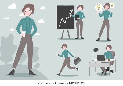 Businesswoman young entrepreneurs work in a variety of roles at a startup company, including job ideas, job creation, job presentations. Vector illustration character flat design.