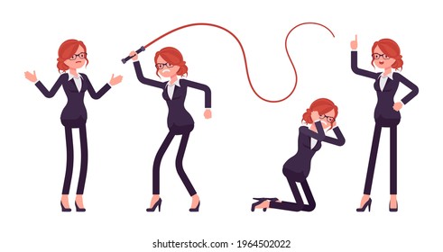 Businesswoman, young red haired office worker in emotions with whip. Manager in smart formal wear, administrative person, employee. Vector flat style cartoon illustration isolated on white background