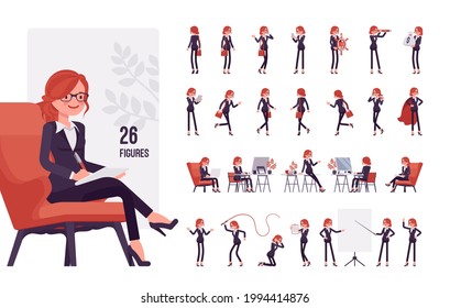 Businesswoman, young red haired office worker character set, pose sequences. Manager in formal wear, administrative person, corporate employee. Full length, different gestures, emotions, positions
