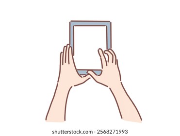 Businesswoman's hand holding a tablet computer with a white  screen. Hand drawn style vector design illustrations.