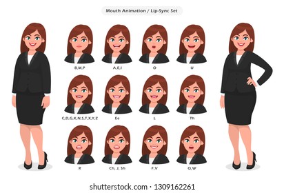 Businesswoman's lip sync, animated phonemes collection for animation. Set of various mouth animation for female cartoon character illustration. Woman's lips speaking animations in English language.