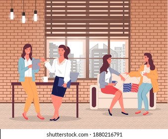 Businesswoman's office life, stylish businesswomen communicating with colleagues, two girls friends sitting at sofa, drink coffee or tea and relaxing, break time at work, stylish office interior