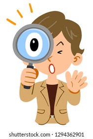 Businesswoman's upper body, short-hair, active, surprised at looking into the magnifying glass