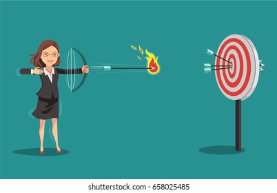 Businesswomen aiming with bows and arrows. Arrow hitting target.Successful business concept.Isolated on blue background