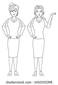 businesswomen avatar cartoon character wearing sueter and skirt black and white vector illustration graphic design