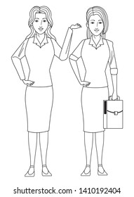 businesswomen avatar cartoon character wearing sueter and skirt black and white vector illustration graphic design