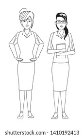 businesswomen avatar cartoon character wearing sueter and skirt black and white vector illustration graphic design