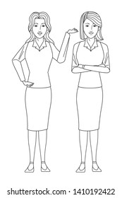 businesswomen avatar cartoon character wearing sueter and skirt black and white vector illustration graphic design