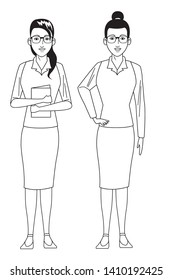 businesswomen avatar cartoon character wearing sueter and skirt black and white vector illustration graphic design