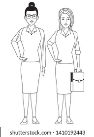 businesswomen avatar cartoon character wearing sueter and skirt black and white vector illustration graphic design