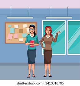 businesswomen avatar cartoon character wearing sueter and skirt indoor with a office background vector illustration graphic design