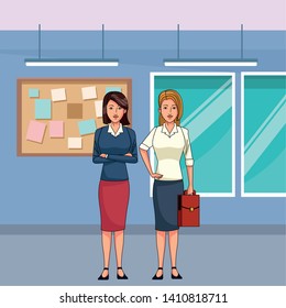 businesswomen avatar cartoon character wearing sueter and skirt indoor with a office background vector illustration graphic design