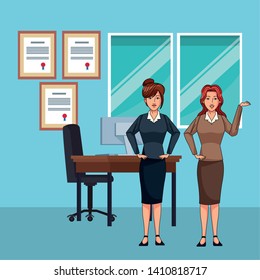 businesswomen avatar cartoon character wearing sueter and skirt indoor with a office background vector illustration graphic design