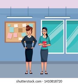 businesswomen avatar cartoon character wearing sueter and skirt indoor with a office background vector illustration graphic design