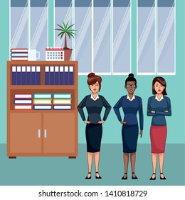 businesswomen avatar cartoon character wearing sueter and skirt indoor with a office background vector illustration graphic design