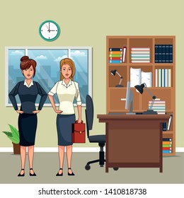 businesswomen avatar cartoon character wearing sueter and skirt indoor with a office background vector illustration graphic design