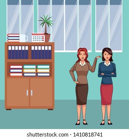 businesswomen avatar cartoon character wearing sueter and skirt indoor with a office background vector illustration graphic design