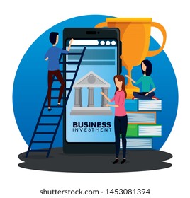 businesswomen and businessman with smarphone and books with prize