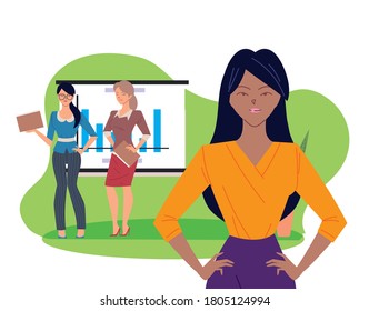 businesswomen cartoons with files and infographic board design, business management and corporate theme Vector illustration