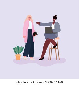 businesswomen cartoons on chair with laptop tablet and plant design, business management and corporate theme Vector illustration