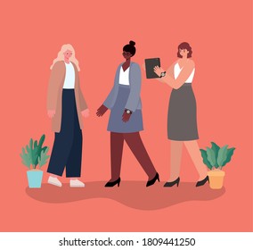 businesswomen cartoons with tablet and plants inside pots design, business management and corporate theme Vector illustration