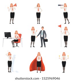 Businesswomen characters, people in business suits in different situations vector illustration