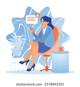 Businesswomen chatting online via the internet. Sitting on a chair and sending text messages on social media apps. Concept of Young People Using Smartphones. Flat vector illustration.