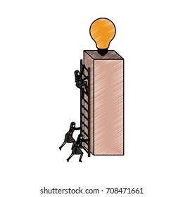 businesswomen climbing wooden stairs in a big rectangular block with light bulb in the top in pencils colored silhouette vector illustration