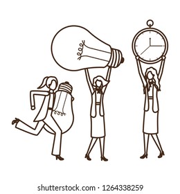 businesswomen with clock and light bulb character
